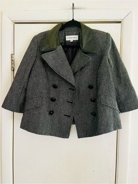 VTG 90s Jones NY Equestrian Leather Crop Tweed Preppy Town & Country Blazer